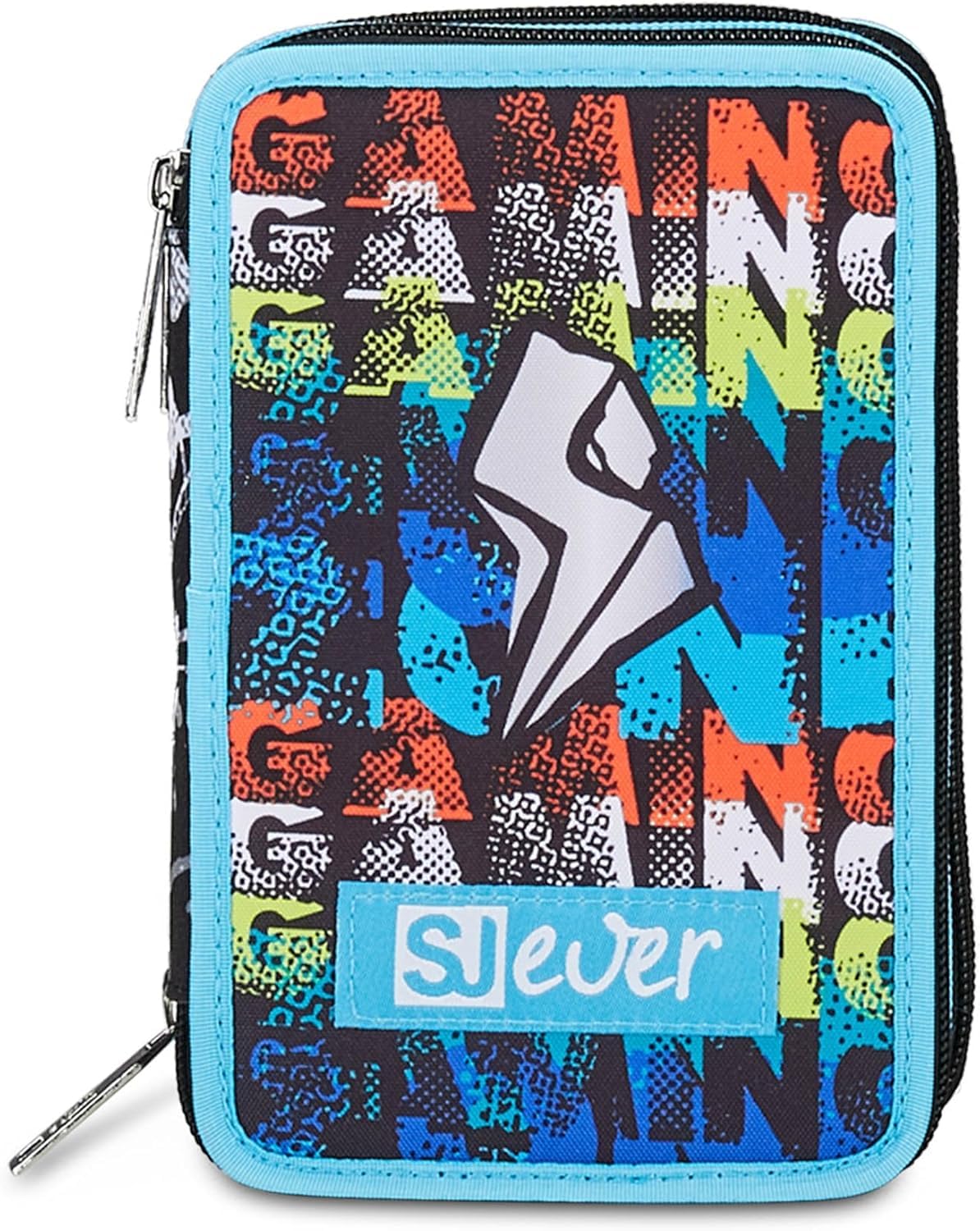SJ Ever Set Zaino Scuola con Astuccio, Nero e Azzurro, Design Graffiti, Doppio Scomparto con Tasca Porta Borraccia, Astuccio 3 Zip Completo