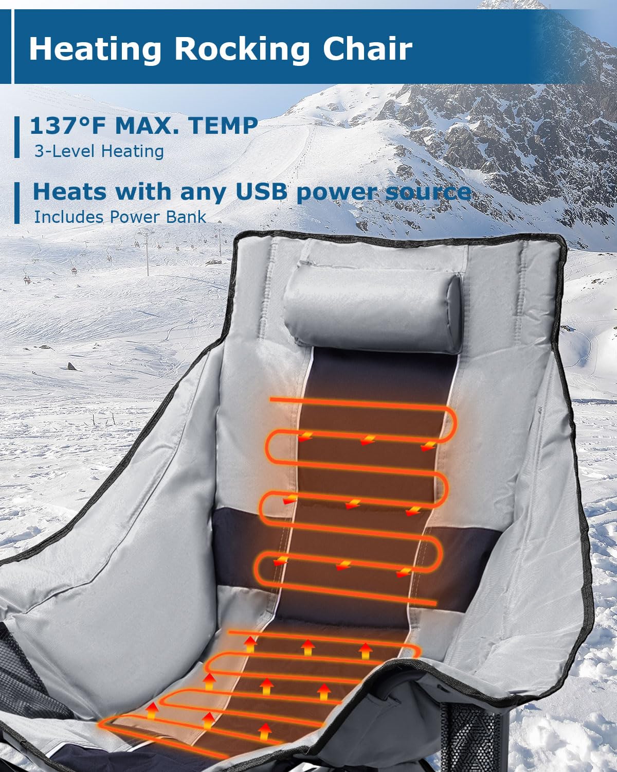 ZENPETIO Heated Camping Chair, Oversized Outdoor Rocking Chair with 3 Heat Levels, Portable Folding Heated Chair for Camp, Lawn, Sports, Winter Use (Battery Included)