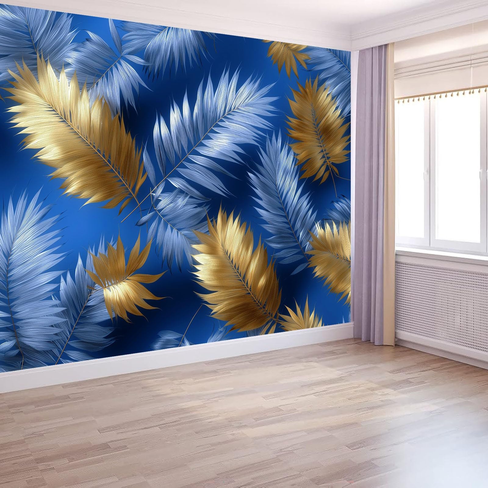Générique Tropikalne Panoramiczne Rośliny Liście Drzewo Palmowe Granatowa Dżungla 250 x 175 cm - Nowoczesny gobelin ścienny z włókniny do salonu, sypialni lub pokoju dziecięcego