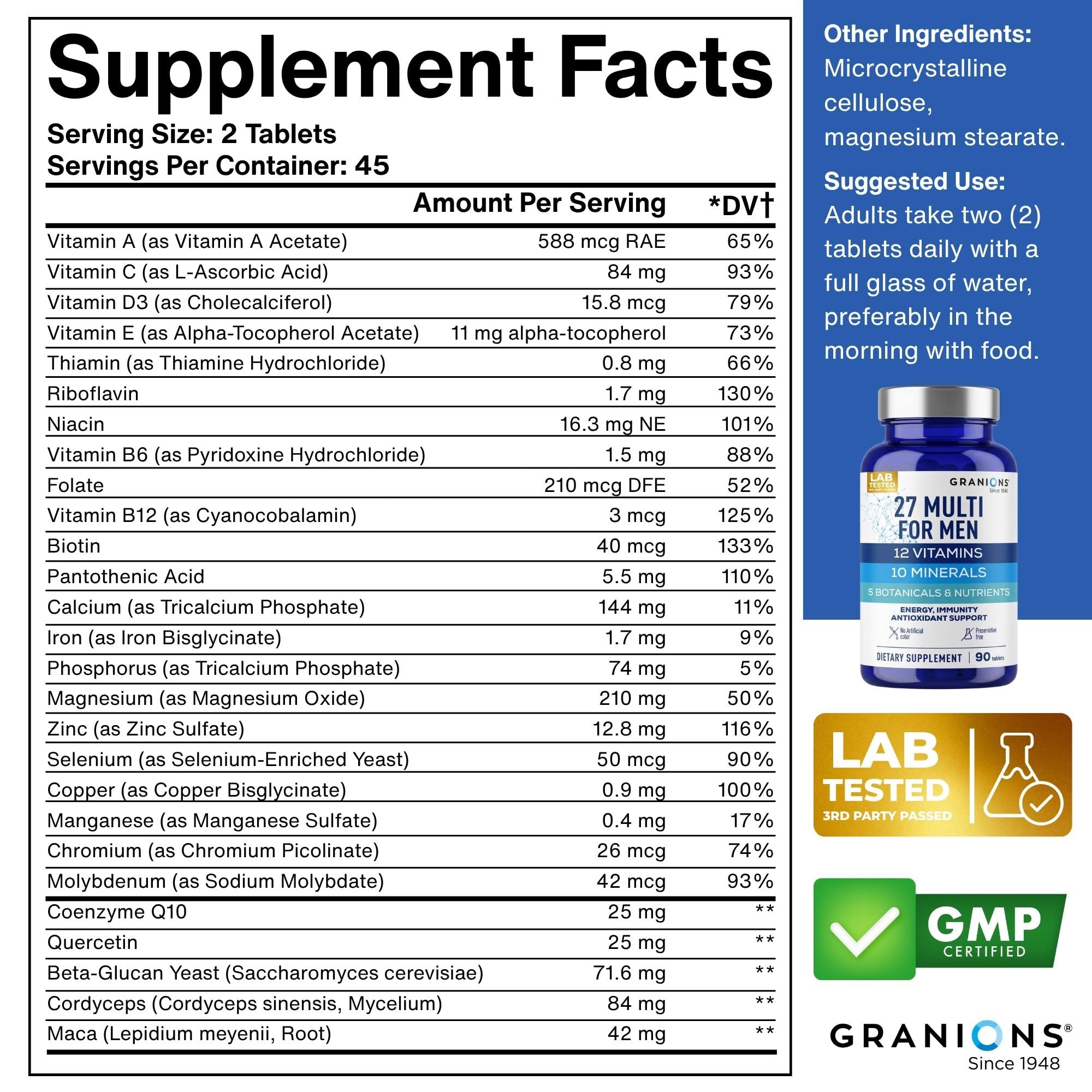 Granions 27 Mens Multivitamins Minerals Extracts - Vitamin D3, C, B12, Zinc, Magnesium, CoQ10, Quercetin, Maca Plus Multivitamin - Daily Mens Vitamins Supplement Multi for Men - 90 Tablets — Amazon image 2