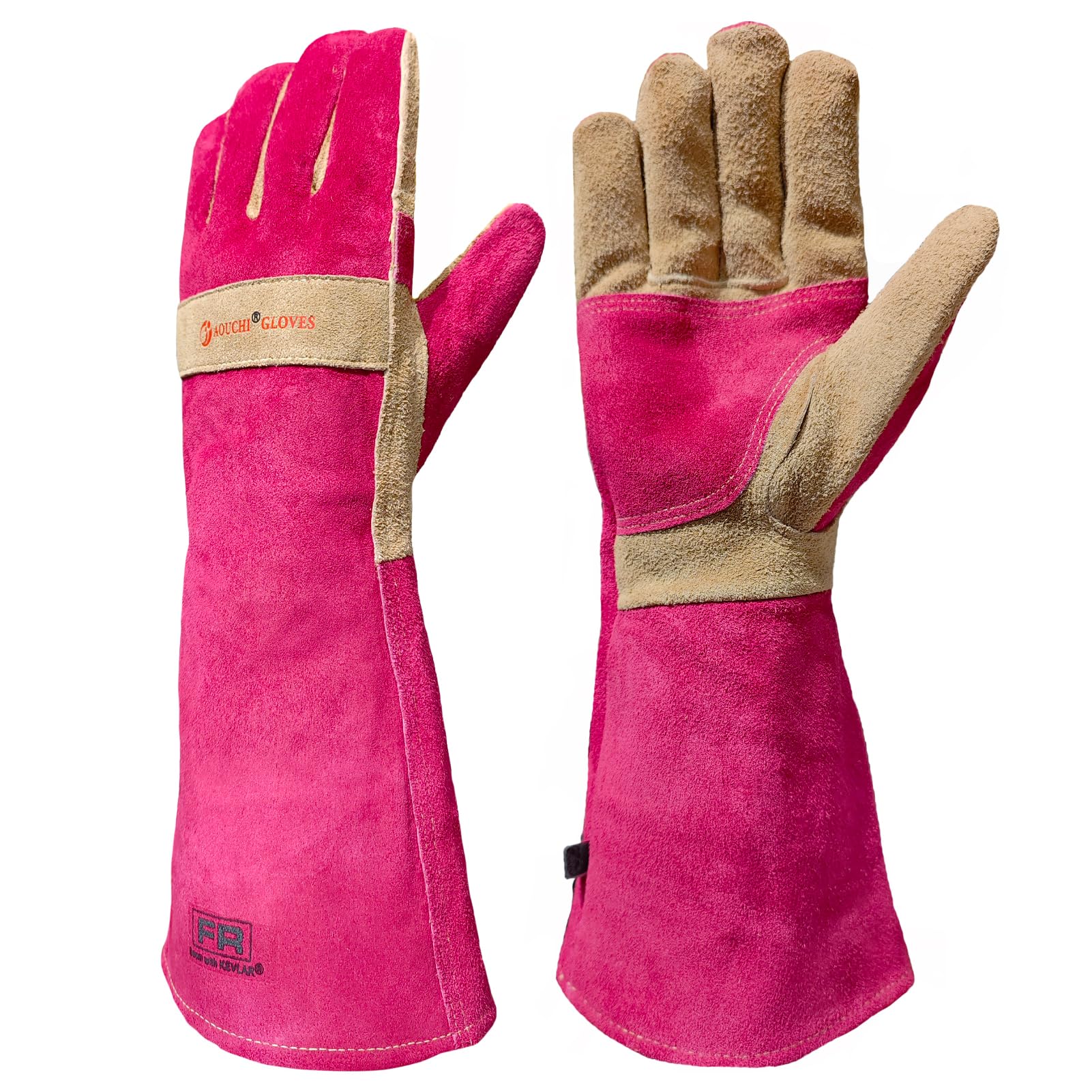 AOUCHI Cowhide BBQ Welding Gloves, Long Sleeve Fireproof and Heat Resistant Mitts for Barbecue, Firefighting, Fireplace, Oven, Baking, Stove (rose red, Small)