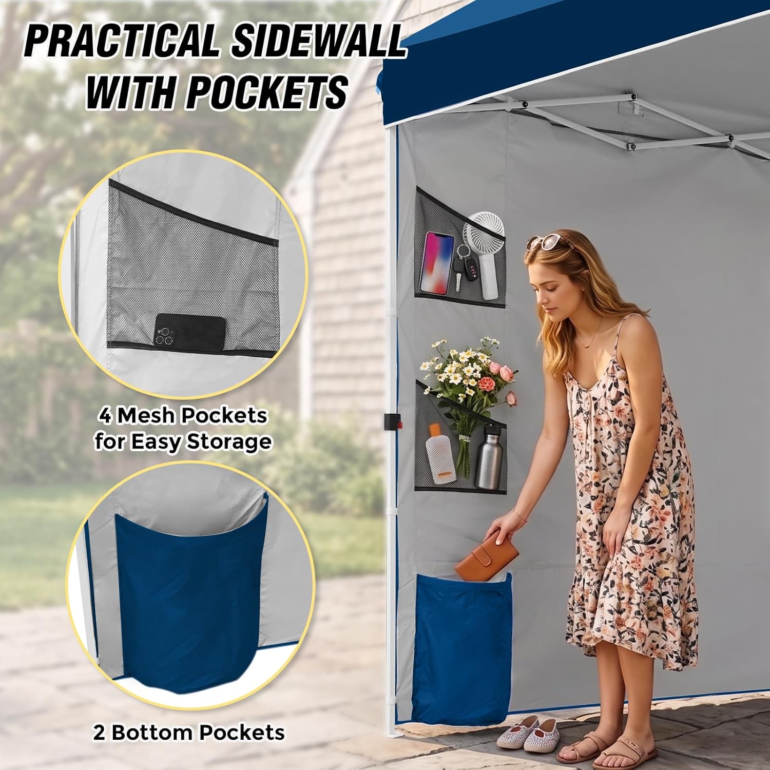EAGLE PEAK Commercial Canopy 10x10 with Sidewall Storage, Easy OnePerson Setup Pop Up Canopy Tent with Roller Bag, Stakes, Ropes, and Weight Bags, Dark Blue