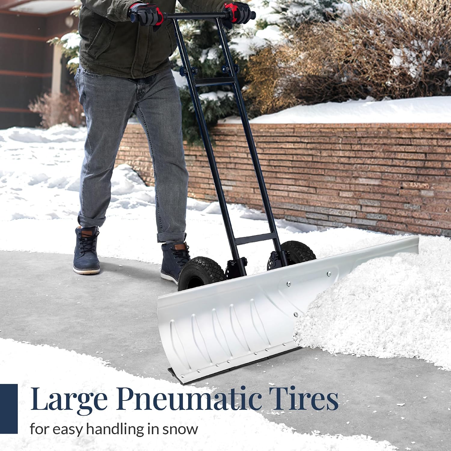 Best Choice Products 48in Heavy-Duty 2-Wheel Snow Pusher Hand Plow for Snow Removal w/Wheels, Adjustable Handle, Blade Angle - Silver
