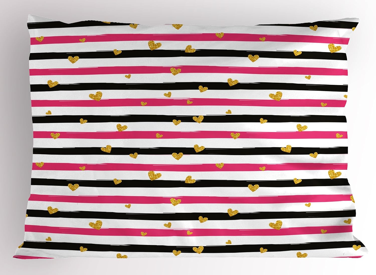 Lunarable Valentines Day Pillow Sham, Romantic Teenager Love Sign Hearts on Grunge Stripes Lines, Decorative Standard Queen Size Printed Pillowcase, 30" X 20", Hot Pink Black and White