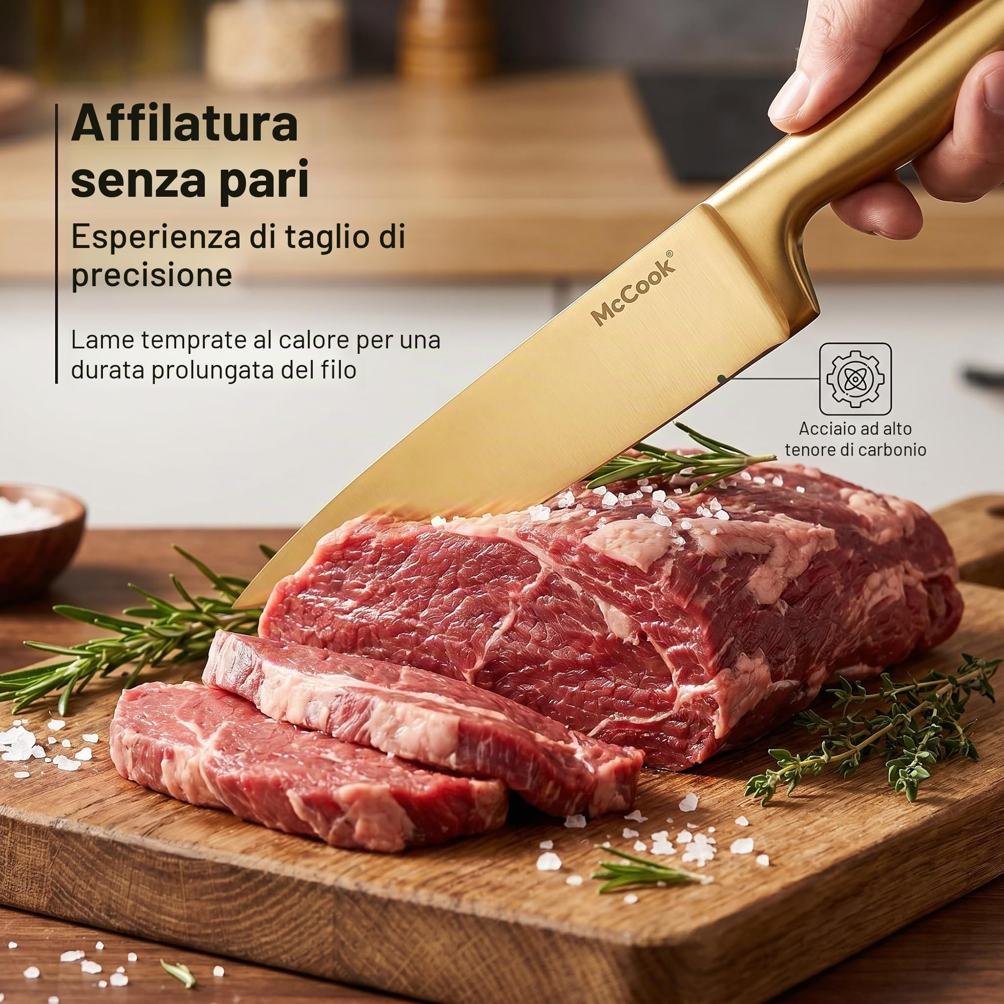 McCook® Set di coltelli da cucina in acciaio inossidabile al titanio dorato con affilacoltelli integrato