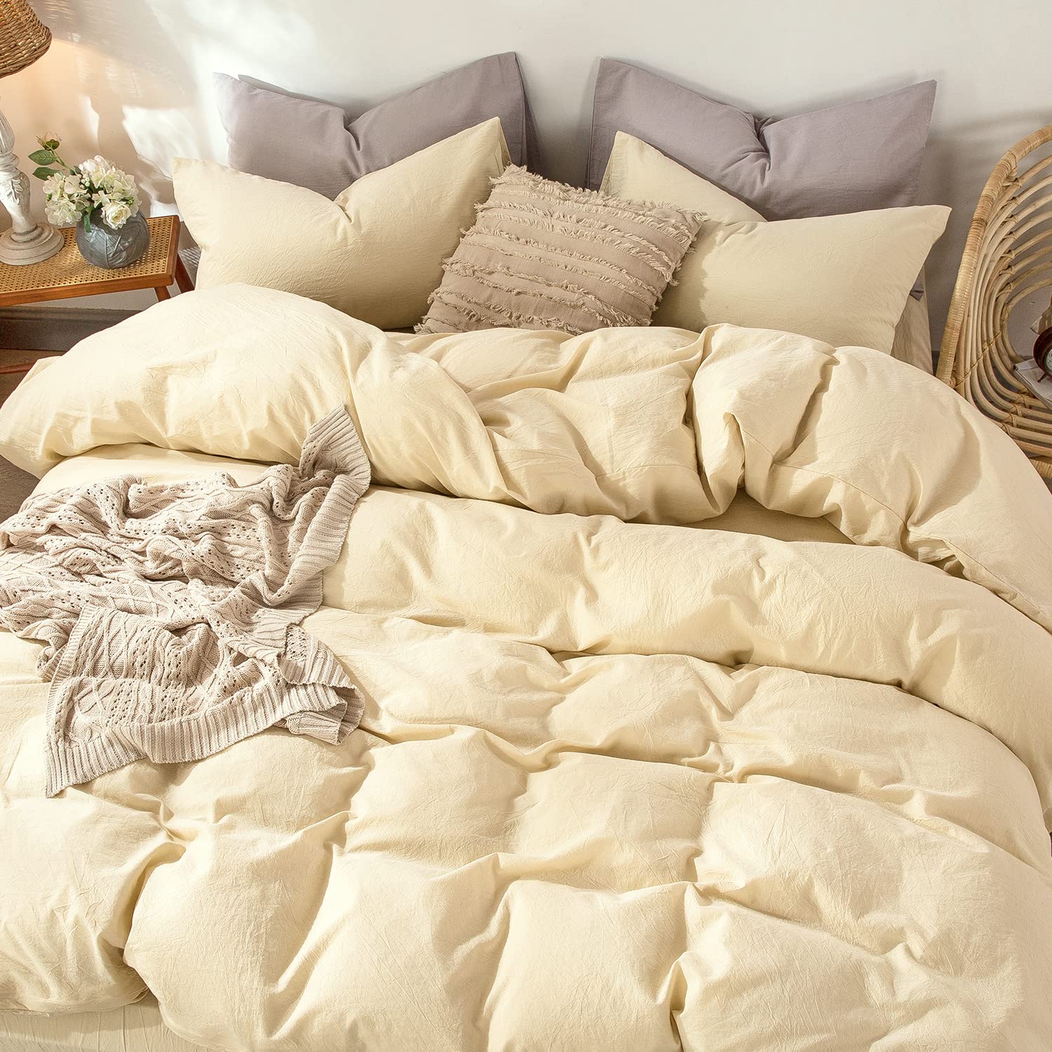 MooMee Bedding Duvet Cover Set 100% Washed Cotton Linen Like Textured Breathable Durable Soft Comfy (Tannish Linen Grey, King) — view 127