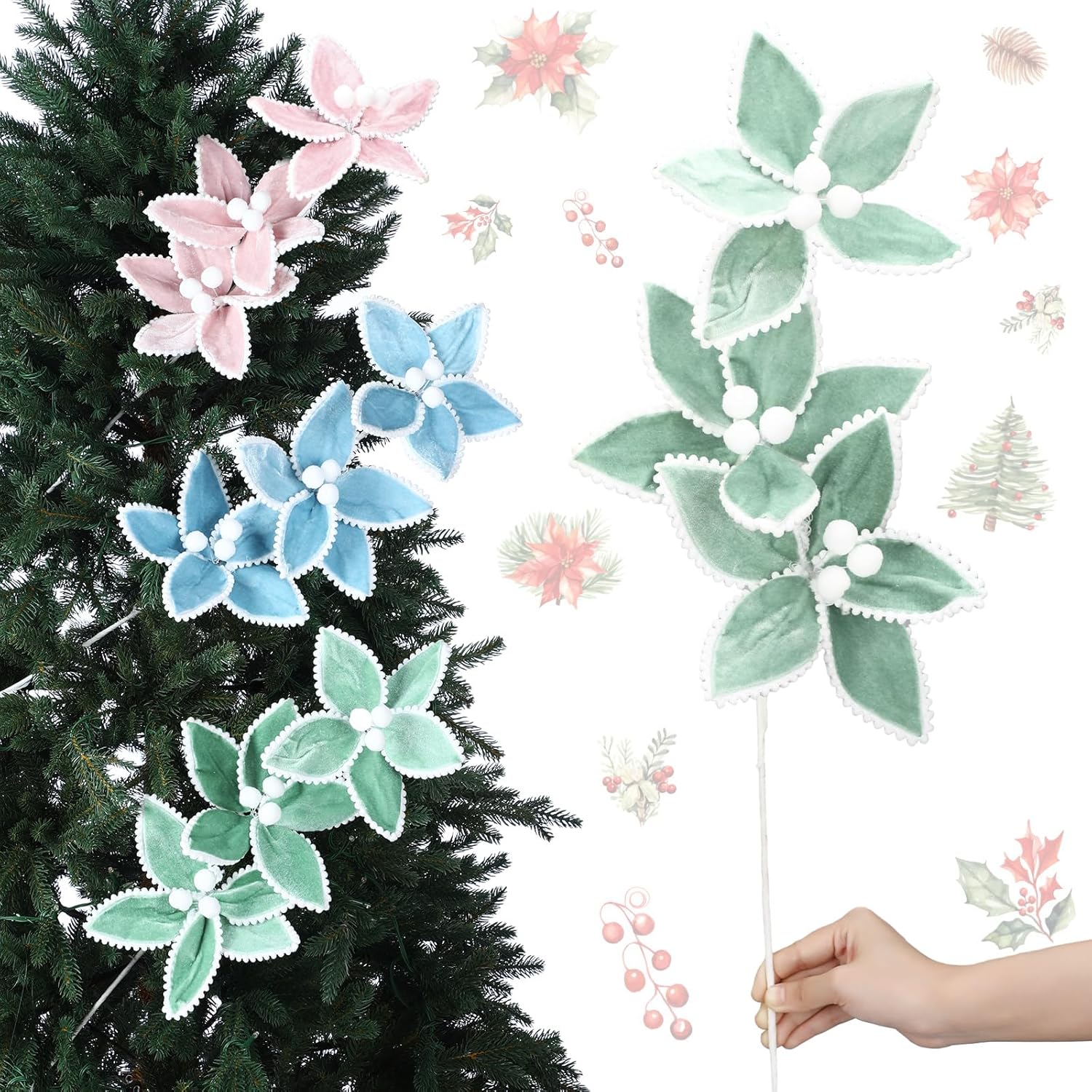 24" Large Pastel Christmas Poinsettias Stems 3 Pcs Jumbo Candyland Artificial Flowers Picks Xmas Tree Floral Bouquet Poinsettias Ornaments for Xmas Tree Wreath Wedding DIY Crafts Vase Decor 3 Pastel Flowers