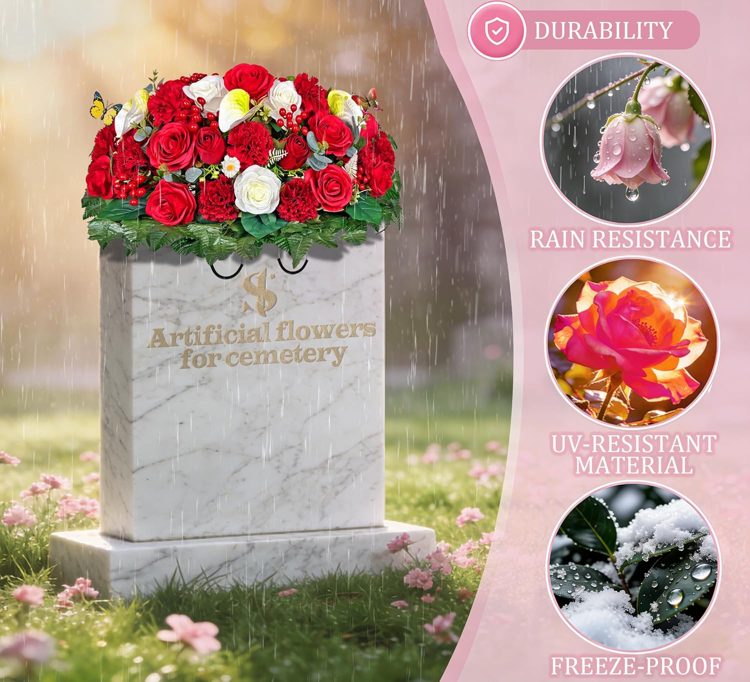 Artificial Cemetery Flowers - Headstone Flower Saddle - Outdoor Grave Decorations - Realistic Red Rose Carnation Mix Bouqet with 2 Lovely Butterflies