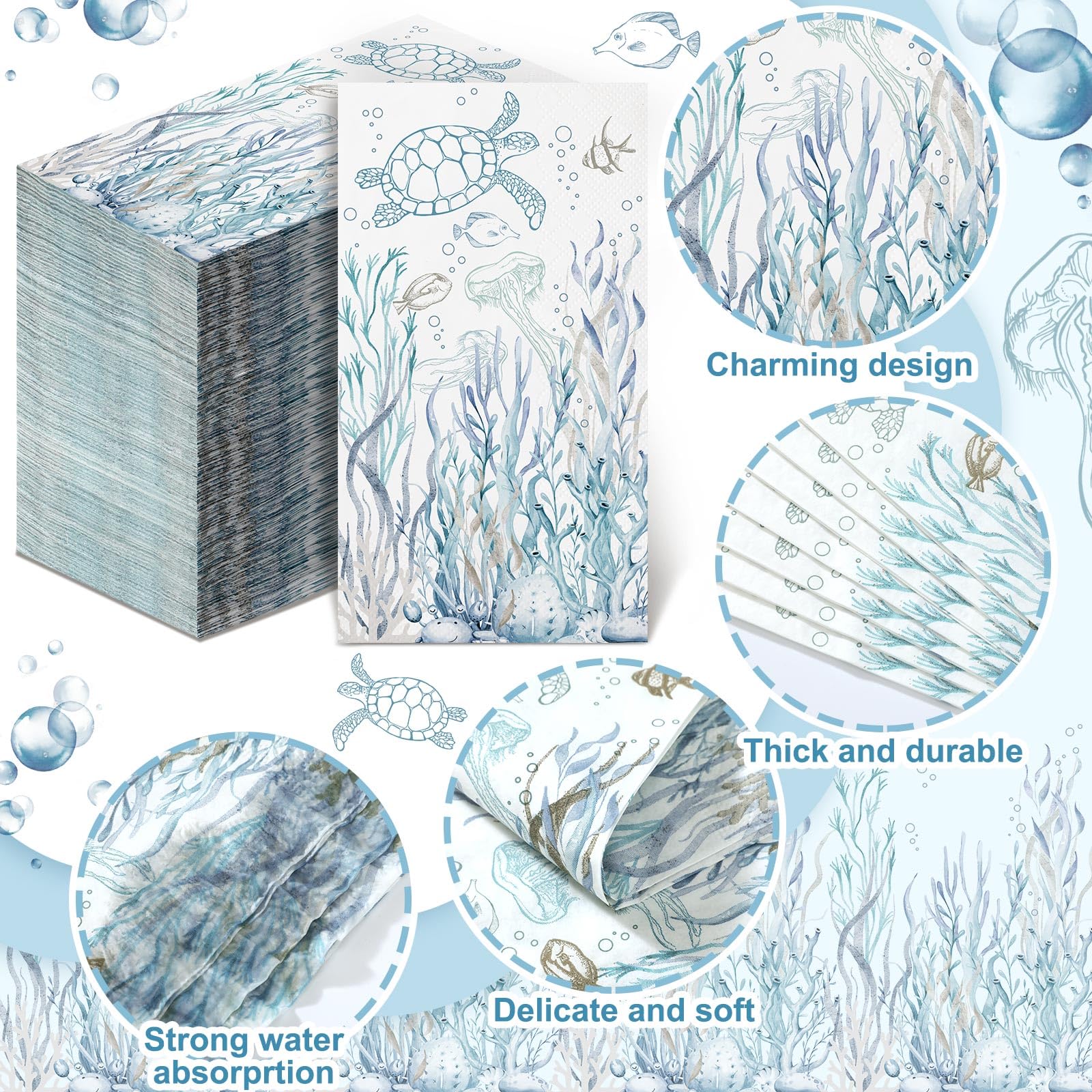 200 toallas de papel de baño de tortuga costera de 2 capas, servilletas de invitados de verano, toallas de mano de papel de baño azul, servilletas de cena de medusas, servilletas náuticas