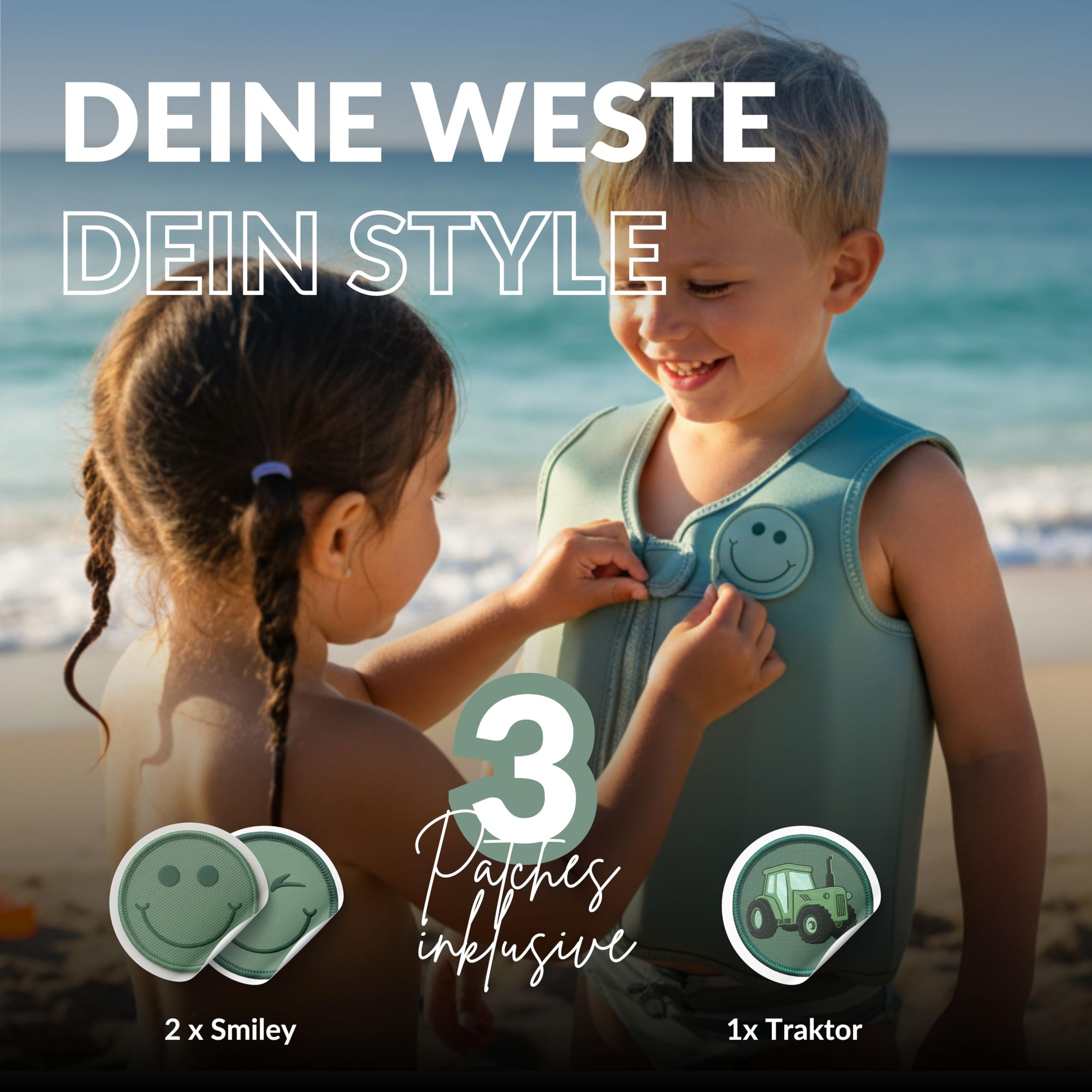 NOARD Kinder Schwimmweste (2-6 J. / 15-30 kg) Schwimmhilfe mit Schrittgurt | Wechsel-Patches für hohen Tragespaß | EN 13138-1:2021 | 8 herausnehmbare Schwimmkörper | weiches Neopren | Schwimmlernhilfe