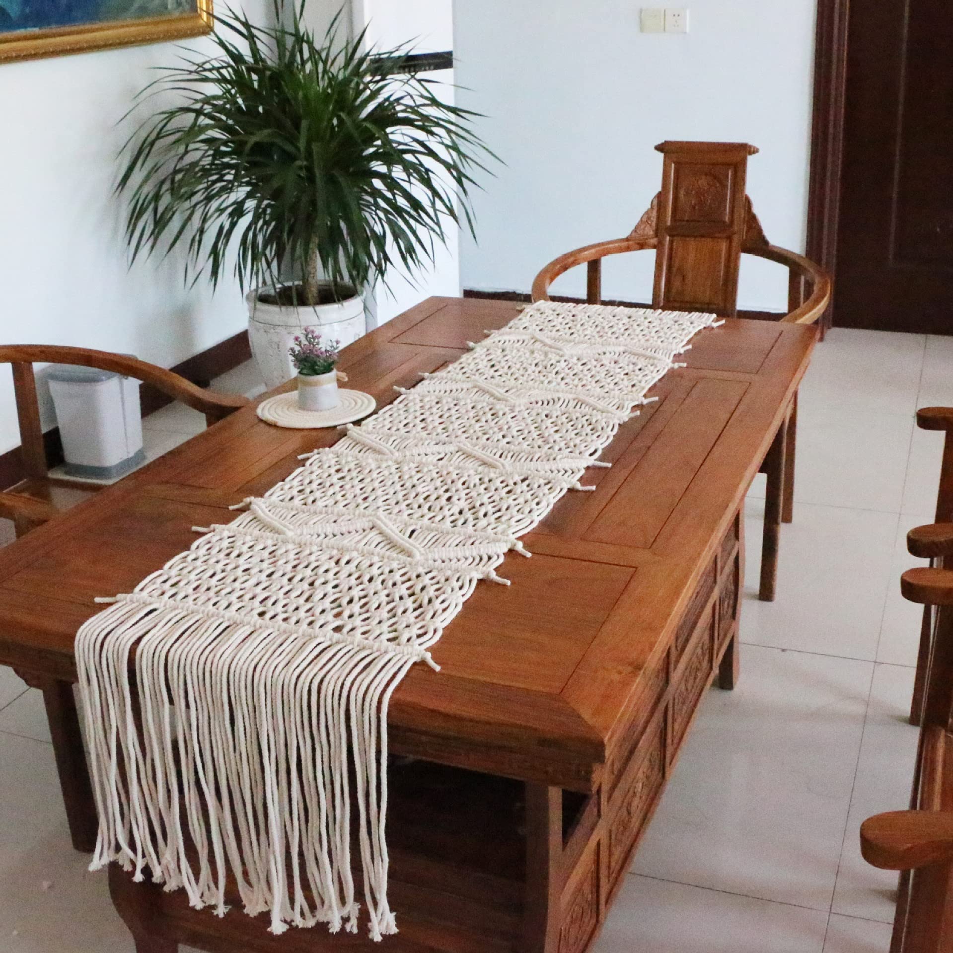 JIUYUEYA Bohemio Algodón Hecho a Mano Tejer Copetudo Borlas Camino de Mesa por Sala de Estar Cocina Fiesta Boda Decoración