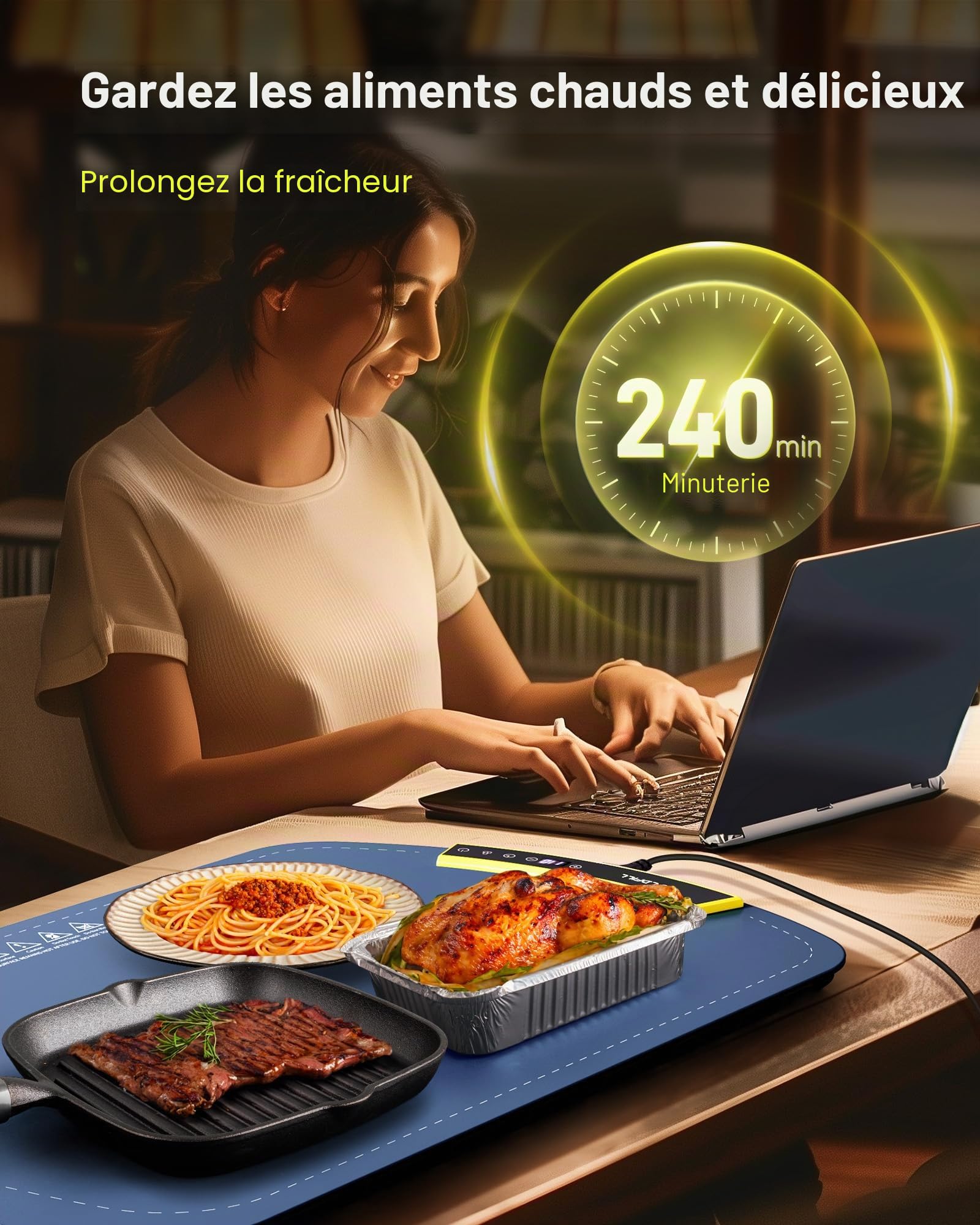 Chauffe Plat Electrique - Garde Les Aliments au Chaud pour Les Buffets et Les Fêtes, Chauffe Plat pour Aliments avec 40°C to 110°C Réglables, Chauffage de Toute la Surface en 5s, 60x40x2.5cm