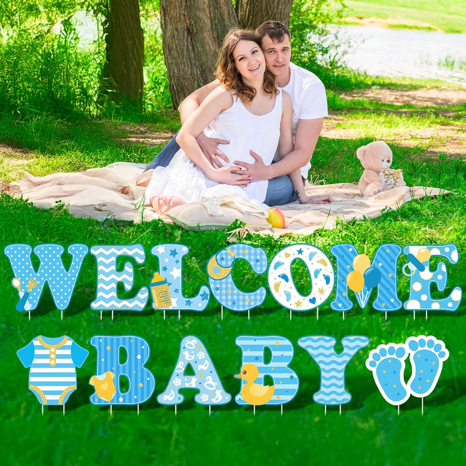 13 Pcs Baby Shower Yard Sign 'welcome Baby' Yard Signs with Stakes, 15 Inch Tall Girl boy Lawn Sign Gender Reveal Outdoor Decoration Welcome Home Newborn Announcement for Party Decorations (Blue)