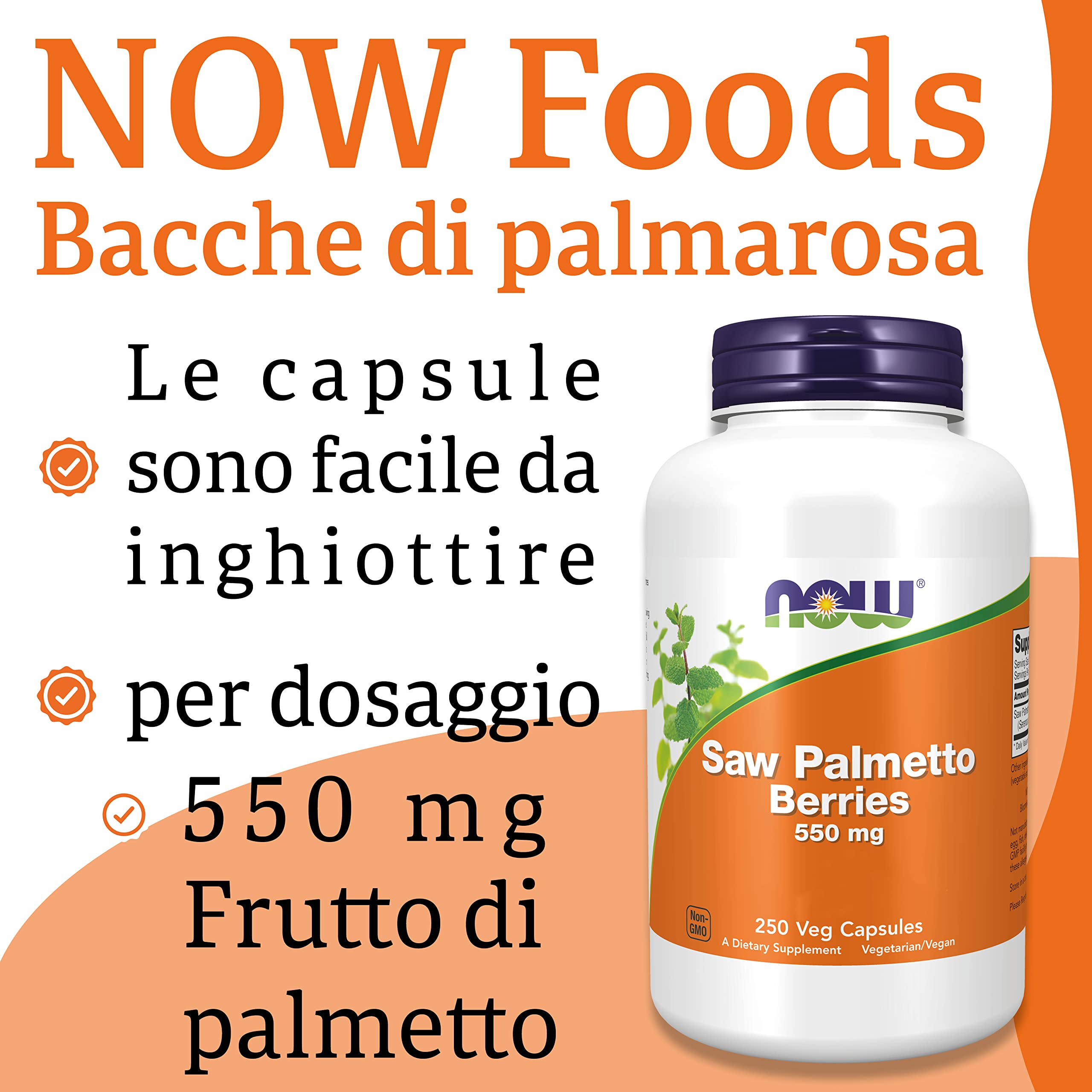 Now Foods, Saw Palmetto Berries (Bacche di Saw Palmetto), 550mg, 250 Capsule vegan, Testato in Laboratorio, Vegetariano, Senza Glutine, Senza Soia