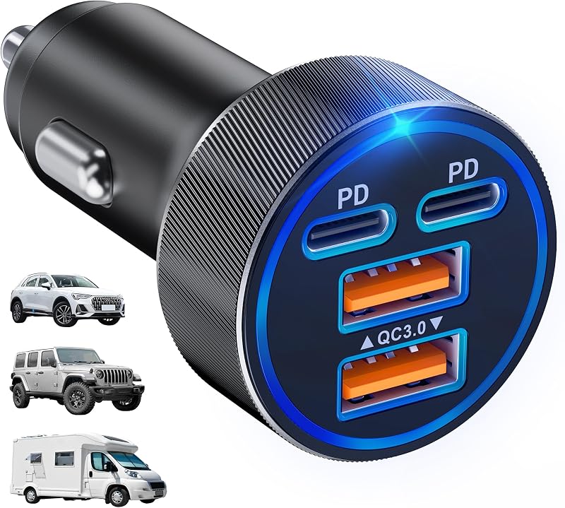 Carregador veicular CSODINCE de 90 W com 2 USB-C PD e 2 USB-A QC 3.0, adaptador para tomada 12–24 V, modelo HNT-CC008