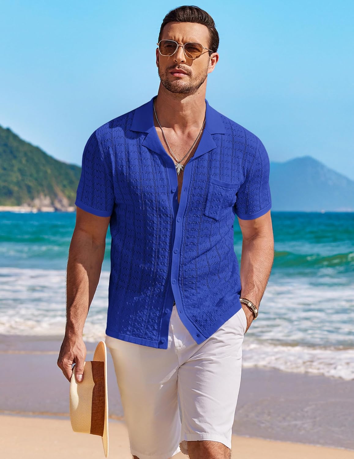 COOFANDY Men's Knit Shirts Short Sleeve Button Down Casual Polo Shirt Summer Beach Vacation Shirts