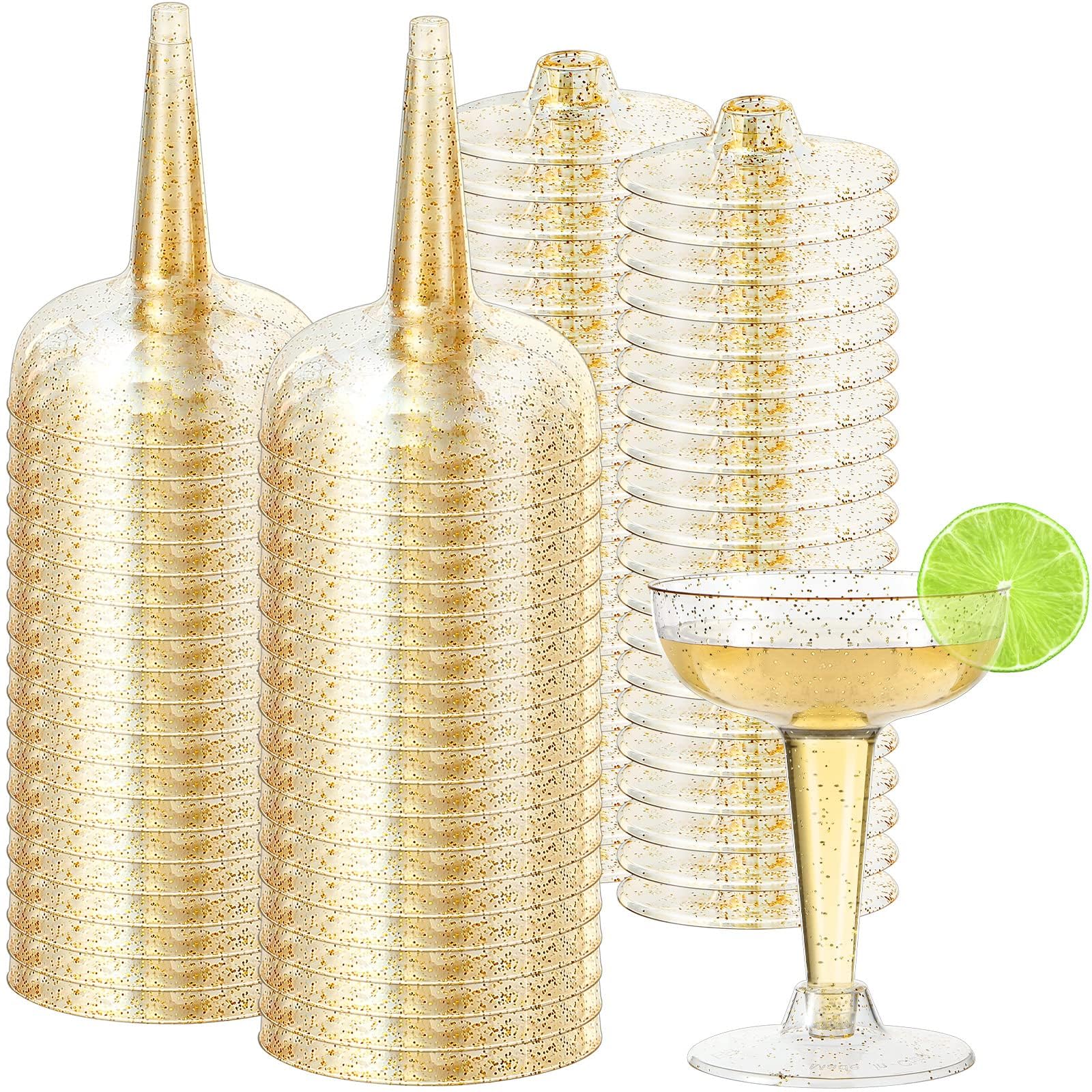 BIGTHREE Plastic Martini Glasses, 25 Pcs Plastic Champagne Coupe, Cocktail Glasses, Disposable Party Stem Cups, Disposable Party Stemware for Wine Dessert Birthday Wedding(4oz, Glitter)