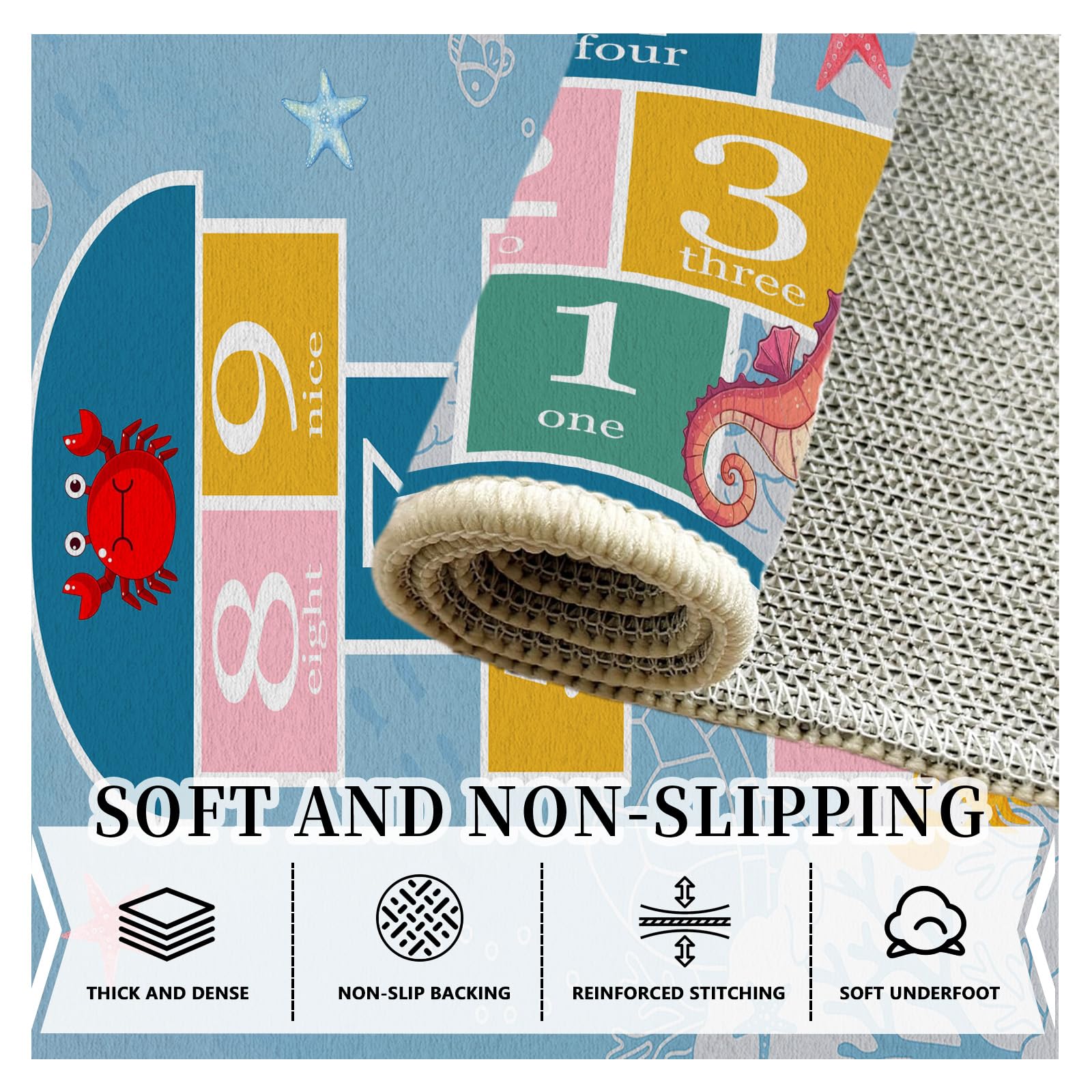 Hüpfspiel Meer Teppich Schlafzimmer 120x180 cm, Zahlen Hopscotch Waschbarer Antirutschmatte Teppiche Kinderzimmer Seepferdchen Carpet Weich für Wohnzimmer Jugendzimmer