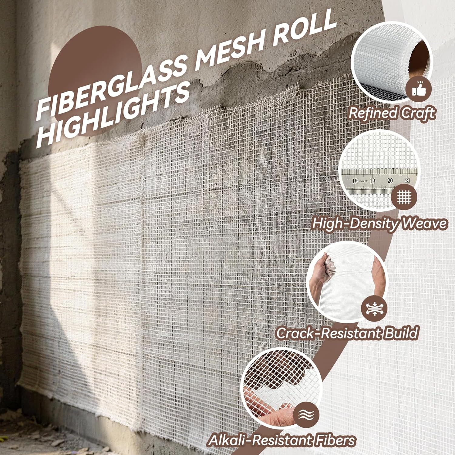 3.3x328ft Fiberglass Mesh Roll, 160g/m² White Stucco Mesh for Concrete. Enhanced Strength & Stability for wall Crack Repair, Interior/Exterior Construction, and Ceilings Seam Reinforcement.