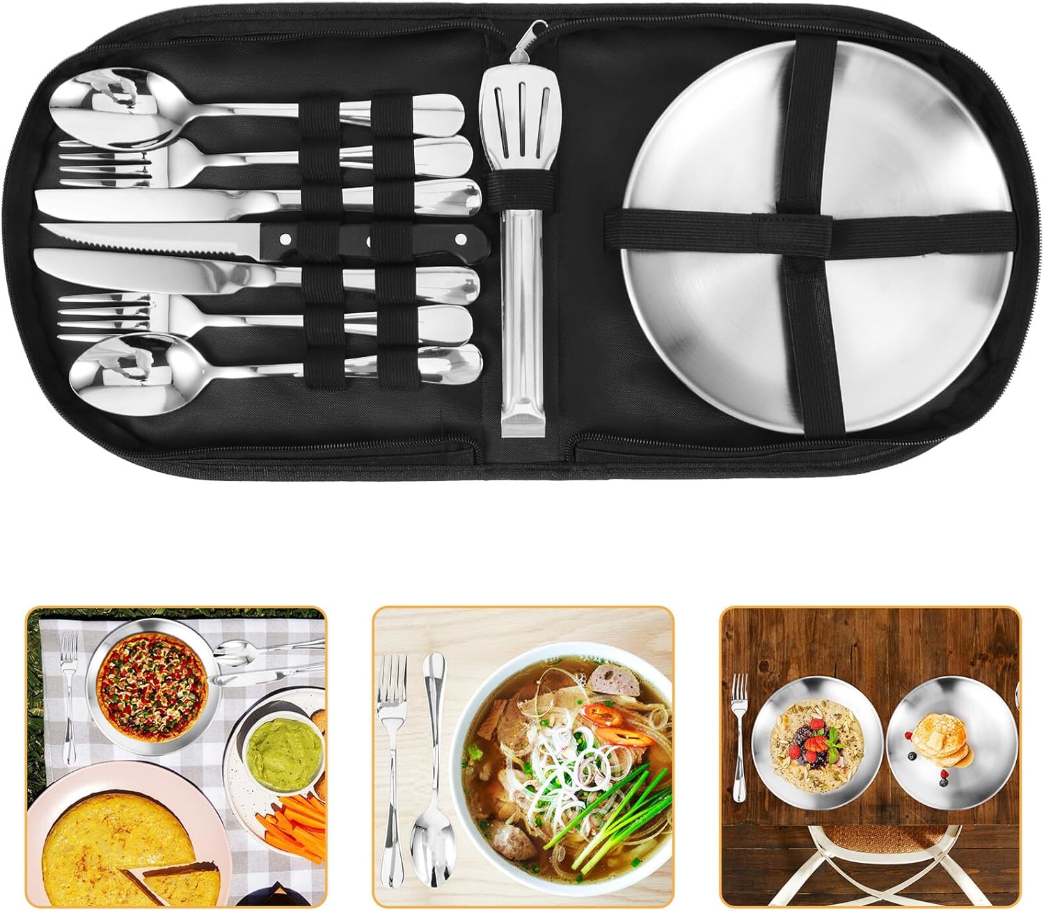 Stainless Steel Camping Utensils Set with Portable Storage Bag Lightweight Picnic Cutlery Kit for Outdoor Barbecue Reusable Fork Spoon Knife Tableware for Adults