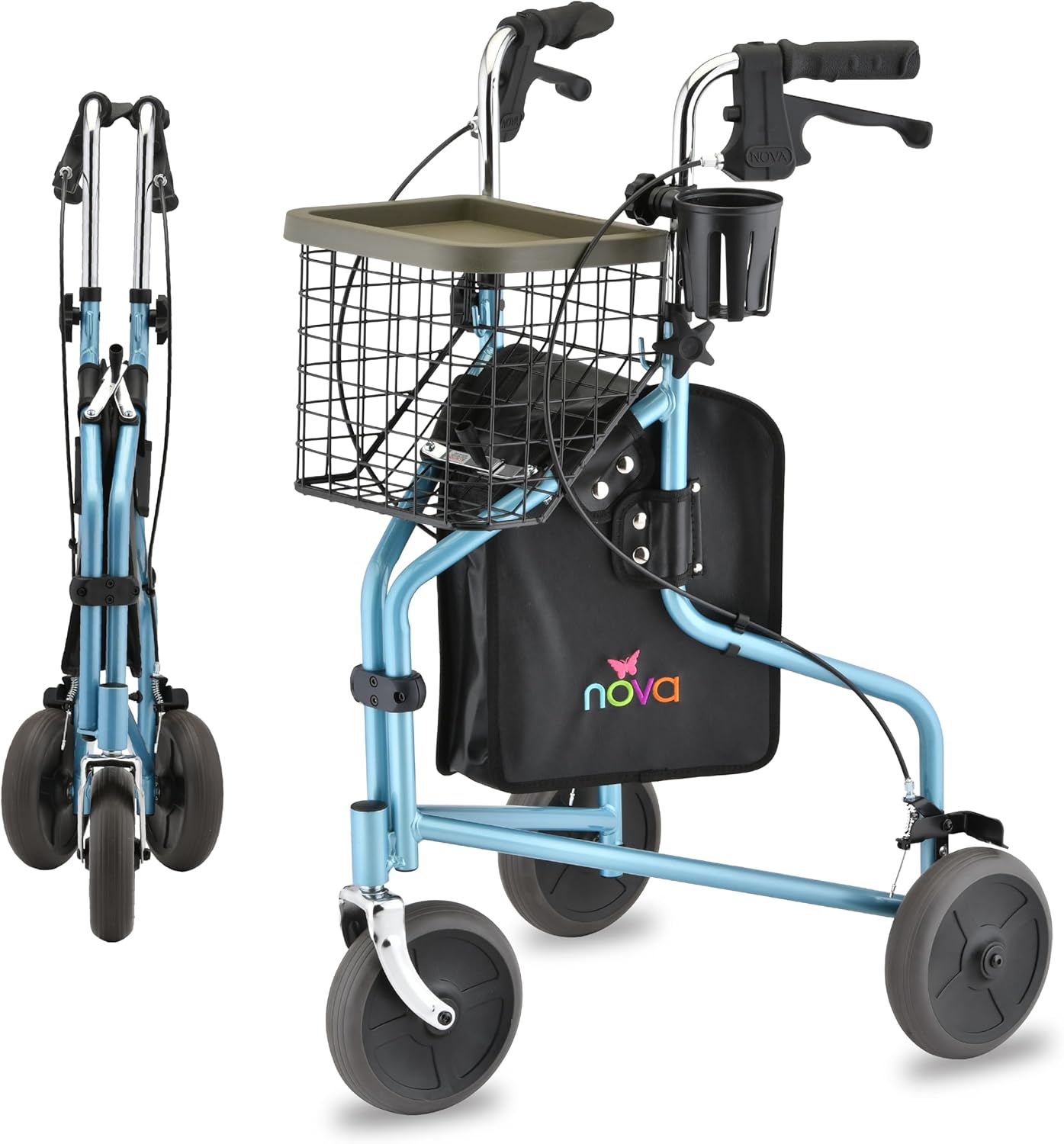 NOVA Traveler Folding 3-Wheel Walker with Tray, Basket, Pouch & Cup Holder, Lightweight Mobility Aid for Seniors & Adults, 8” All-Terrain Wheels for Tight Spaces & Travel, Sky Blue