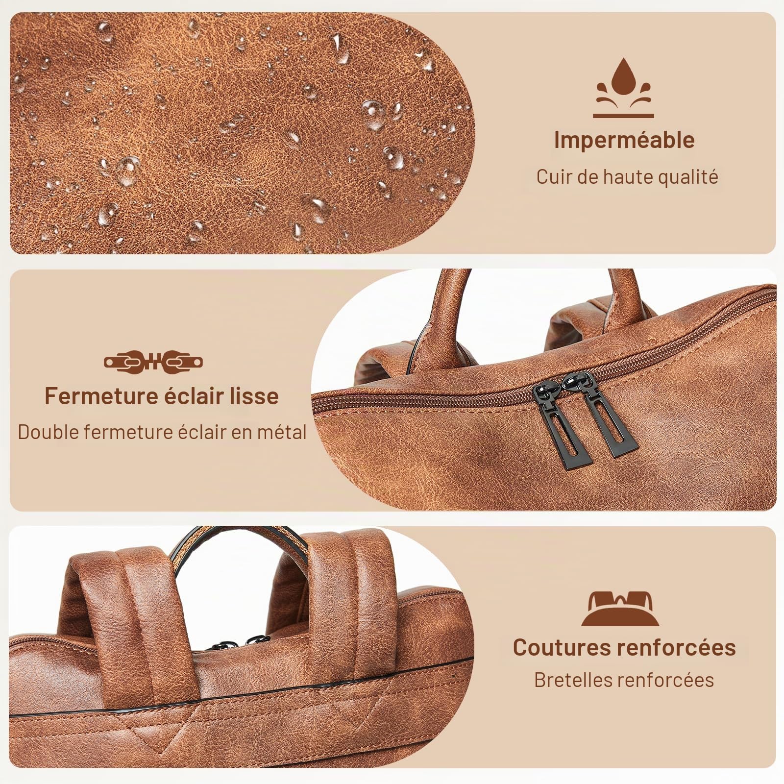 Shrrie Sac à dos élégant ordinateur portable femme 15,6 pouces en cuir | Sac à jour professionnel résistant à l'eau convertible,antivol,compartiment ordinateur, adapté travail,tourisme,école