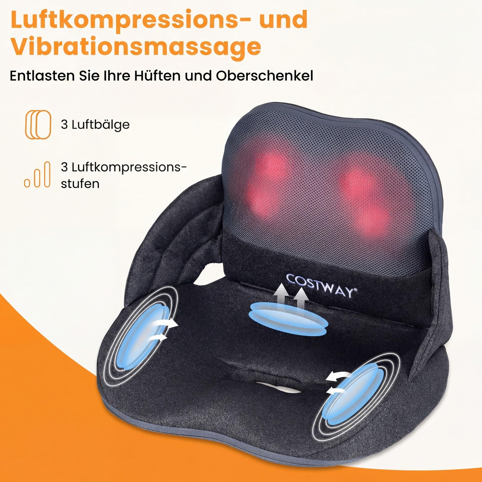 COSTWAY Massagesitzauflage mit Wärmefunktion, Vibration, Controller & Knetmassage, Faltbare Shiatsu Rückenmassagegerät für Rücken & Hüftstütze, Massagekissen Sitzkissen für Hause Büro