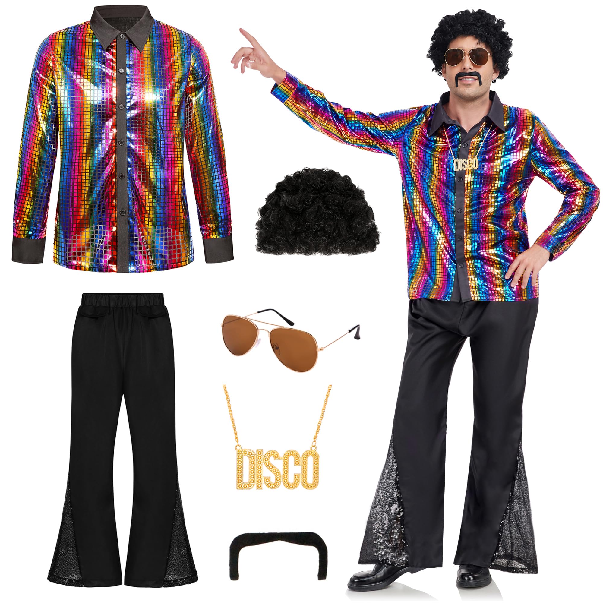 RayekrotRayekrot Men's 70s Disco Outfit Costume Set Retro Bell Bottom Shirts Wigs Necklace Mustache Sunglasses for Halloween Party
