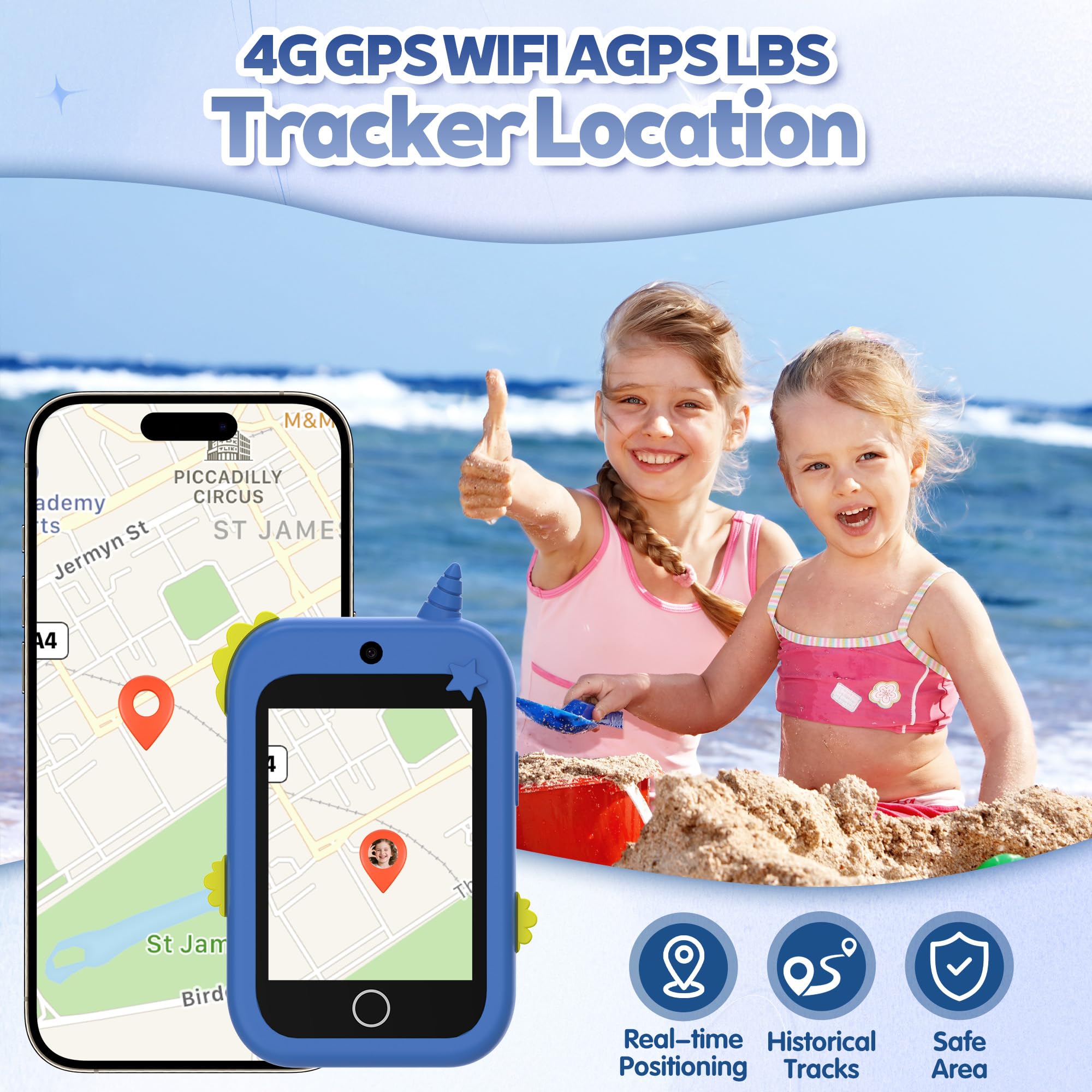 4G Téléphone Portable pour Enfants,Smartphone Enfant avec GPS Appel Vidéo Chat Familial SOS Double Caméra Podomètre Alarme Mode école,Téléphone Mobile Intelligent Cadeau d'anniversaire de Noël