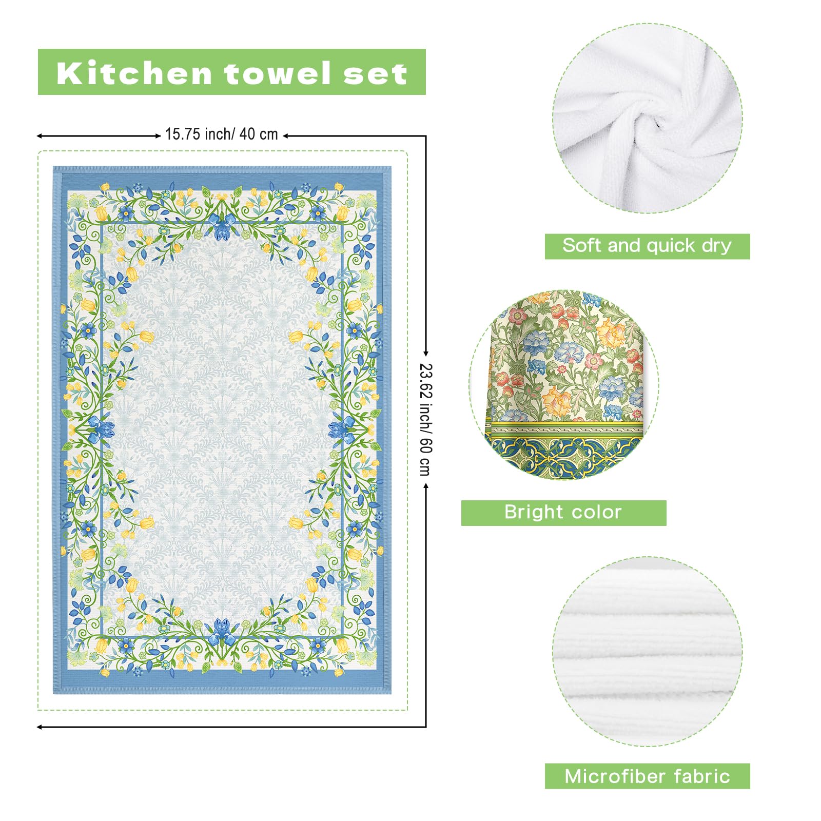 Set di 2 strofinacci da cucina con fiori, stile bohémien, vintage, con