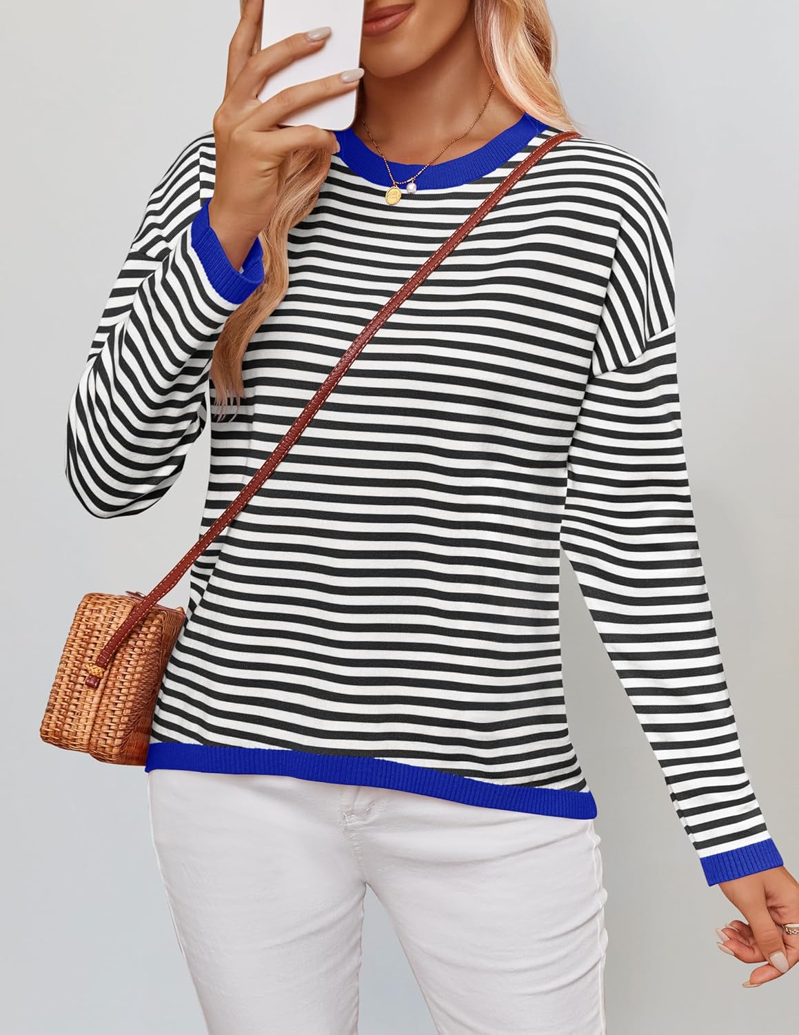 ZESICA Women's Fall Striped Sweaters Long Sleeve Crew Neck Shirts Color Block Lightweight Pullover Tops - Image 7