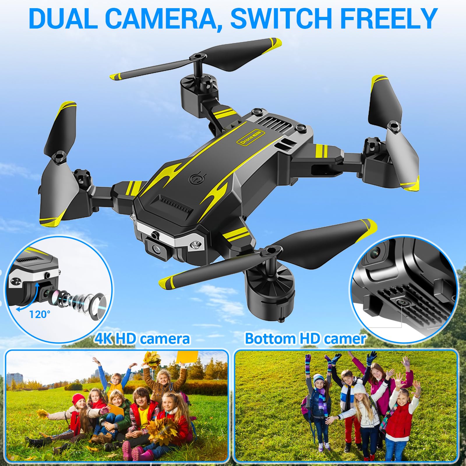 Drone con Doppia Camera HD per Principianti, Drone Pieghevole per Bambini, 3D Flip, Decollo/Atterraggio 1 Tasto, Modalità Headless, Volo a Waypoint, per Bambini o Novizi, 2 Batterie