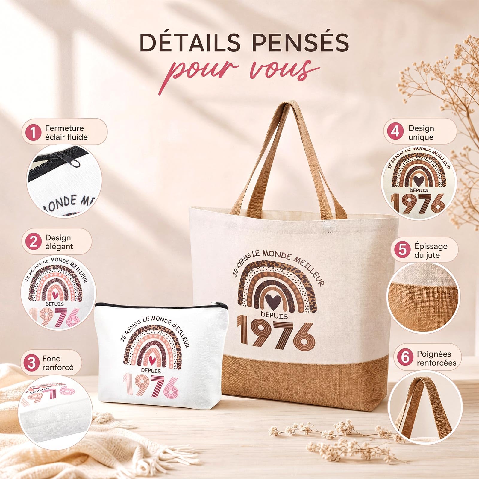 Jadive Coffret Cadeau Anniversaire Femme 50 Ans avec Trousse à Maquillage, Sac Cabas, Chaussettes et Porte-Clés 1976 – Idée Cadeau Originale pour Femme Née en 1976