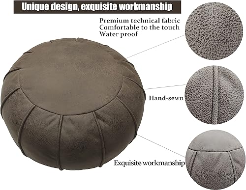 Miniatura 4 de Dayer - Funda de puf sin relleno, puf de piel sintética, puf otomano, reposapiés redondo y asiento de taburete, pufs de color marrón oscuro para