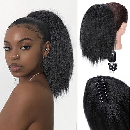 WIGNEE Extensiones de cabello rizado tipo cola de caballo de 12 pulgadas, con clip de garra, extensiones de cola de caballo negro Yaki para mujeres