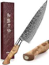 HEZHEN Faca de chef profissional de aço damasco 21 cm, faca de cozinha VG10 Gyuto da série Master ferramenta de cozinha em casa, cabo de madeira de sicômoro com figura de restaurante