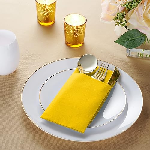 Miniatura 2 de Paquete de 50 servilletas desechables de lino con bolsillo integrado para cubiertos, color amarillo, como servilletas de papel para cenas, bodas o