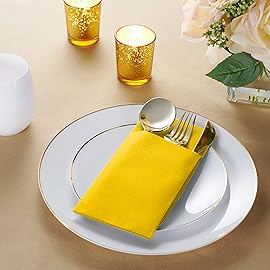 50-Pack Disposable Linen-Feel Dinner Napkins with Built-in Flatware Pocket, YELLOW Prefolded Cloth Like Paper Napkins For Dinner, Wedding Or Party [Silverware NOT Included]