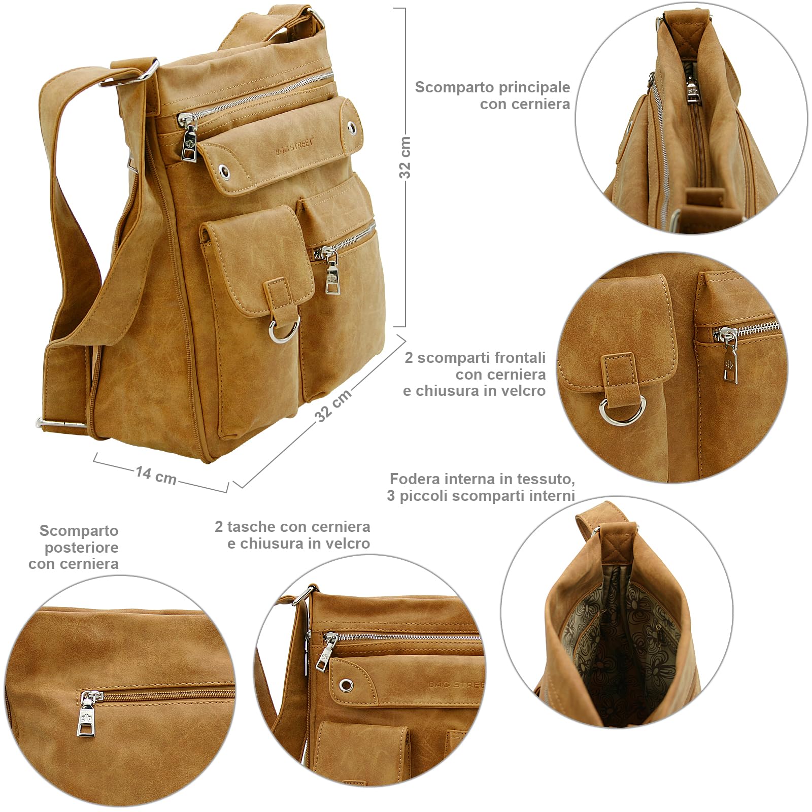 BAG STREET - Borsa da donna con chiusura a zip, borsa a tracolla | Borsa crossbody, Borsa a spalla, Cerniera, 32 x 32 x 14 cm