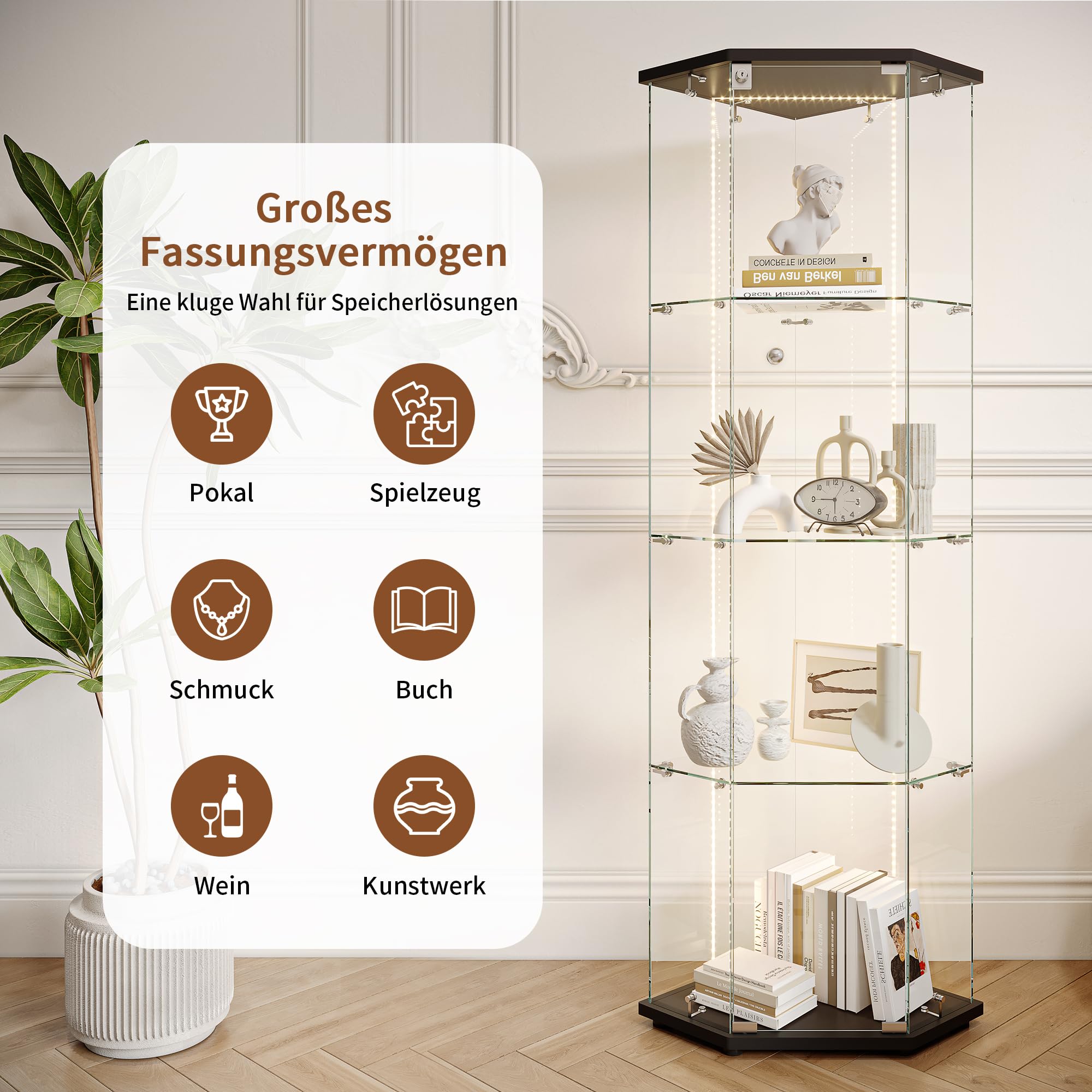 Vitrina de esquina con LED, vitrina de cristal de esquina, vitrina coleccionable con puerta, vitrina de cristal de 5 capas, resistente al polvo, para coleccionables, libros, vino, para salón