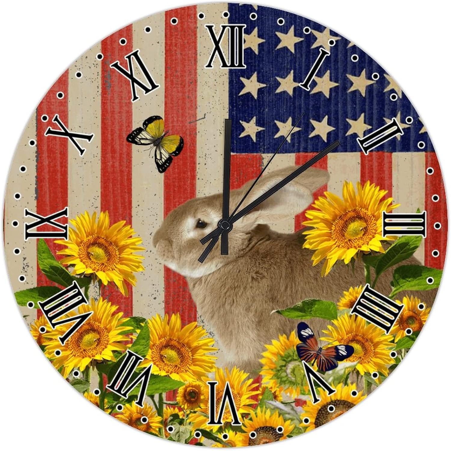 UFunhome Battery Clocks Wall Silent Rabbit Farm Animal American Flag Sunflower Cute Bunny for Patio Pool Bathroom Bedroom Clocks Modern Patriotic Memorial Day Decoration 15-Inch