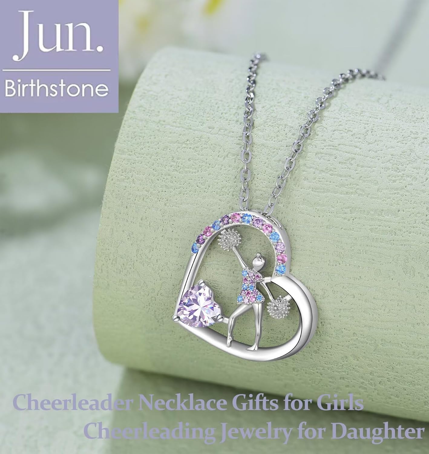 Birthstone Cheerleader Necklace Gifts for Girls Heart Rainbow Cheerleading Cheering Jewelry Pendant Sport Cheer Birthday Gifts for Kids Little Girl Daughter Granddaughter - Image 3