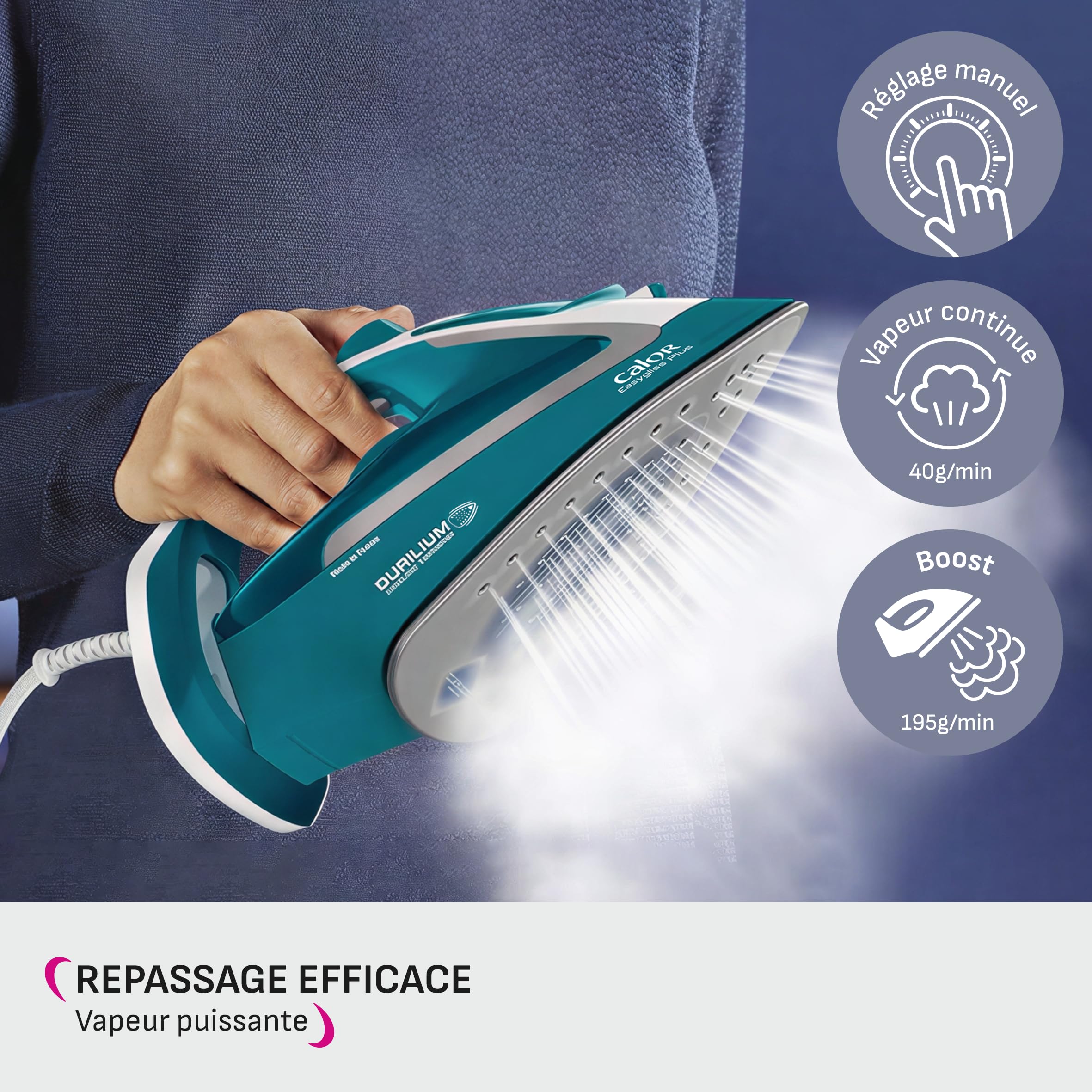 Calor Easygliss Plus Fer à repasser vapeur, 2500 W, Vapeur continue 40 g/min, Pressing 195 g/min, Semelle Durilium Airglide FV5719C0