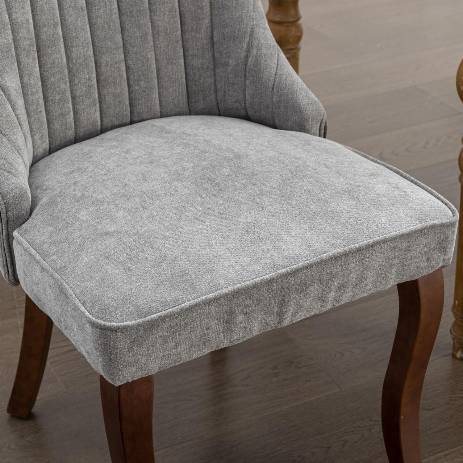 Set of 2 Dining Chairs - Upholstered Side Chair with Curved Solid Wood Legs, Modern Linen Accent Chairs for Dining Room Kitchen, Grey Office Chairs