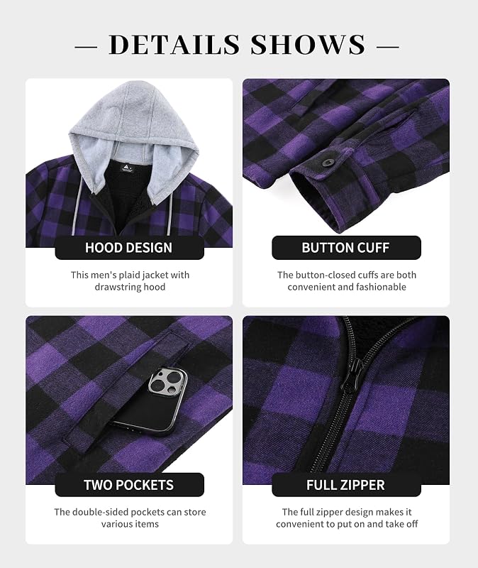 ZITY Flannel Jacket for Men Sherpa Fleece Lined Full-Zip Plaid Hoodie image 3