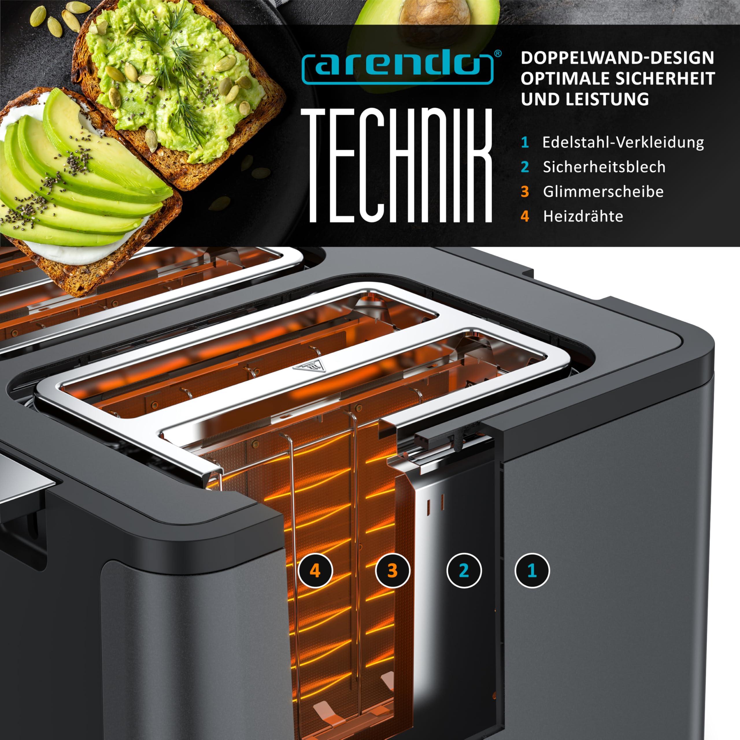 Arendo - Toaster 4 Scheiben Edelstahl - mit Brötchenaufsatz - 4 Schlitze - LED Anzeige Restzeitanzeige – Doppelwandgehäuse - Defrost Funktion - Krümelschublade - 6 Bräunungsgrade - Cool Grey Design