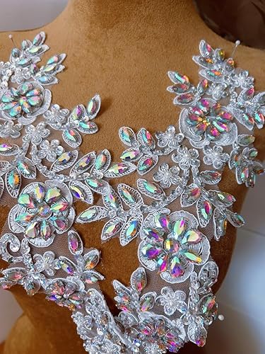 Miniatura 7 de 1 par de decoraciones de vestido de novia de 5.1 x 13.4 in, parches de encaje para coser con cuentas de diamantes de imitación sueltas, piedras para