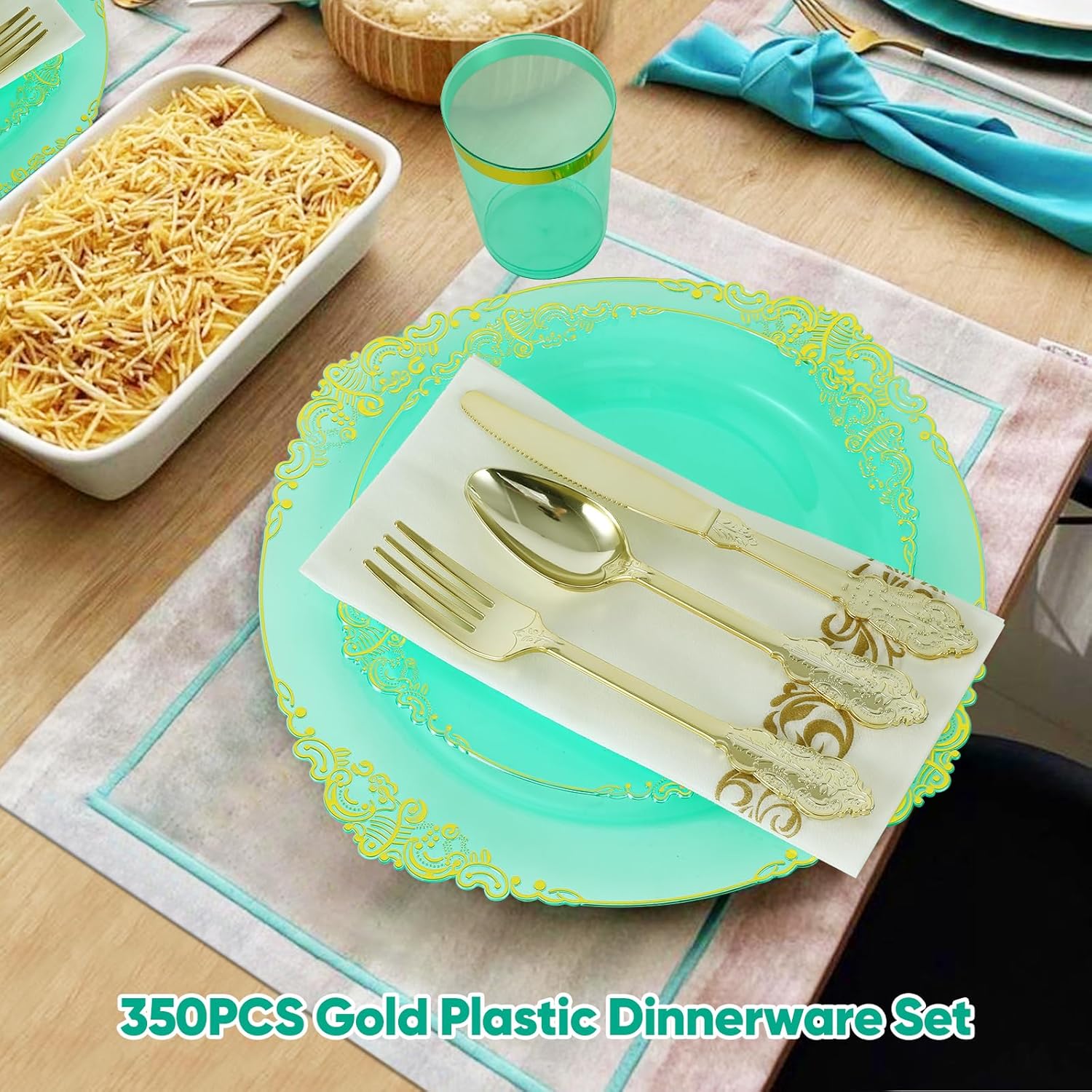350Pcs Clear Green Plastic Plates, Disposable Dinnerware Sets for 50 Guests, Including 50 Dinner Plates 50 Dessert Plates 50 Forks 50 Knives 50Spoons 50Cups 50Napkins for Wedding & Christmas