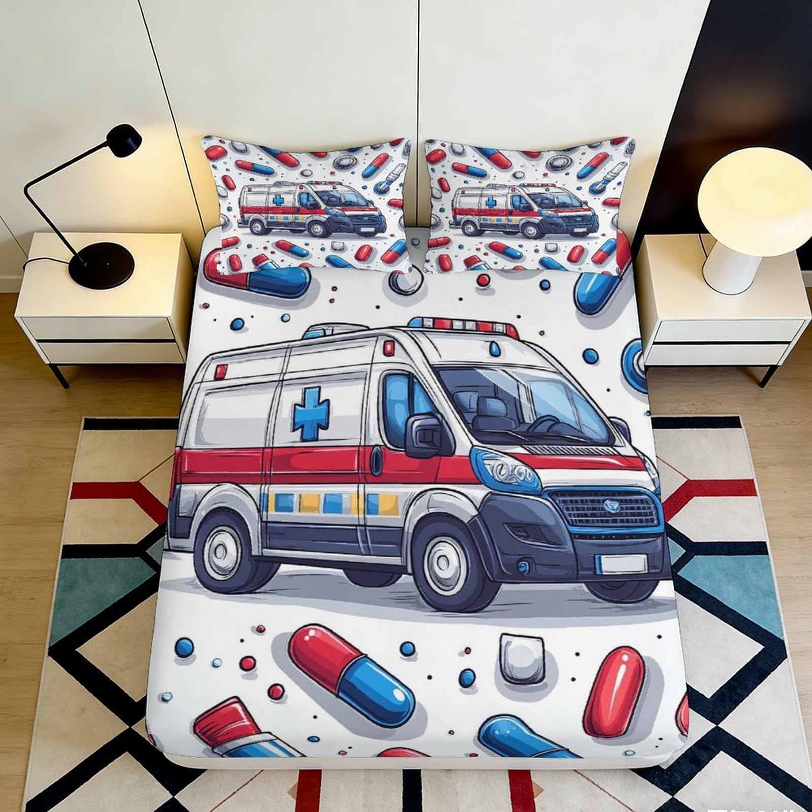 3D Printed Ambulance Theme Fitted Sheet Microfiber Deep Pocket Non-Slip Ambulance Mattress Fitted Cover for Bedroom Bedding 160x200x25cm