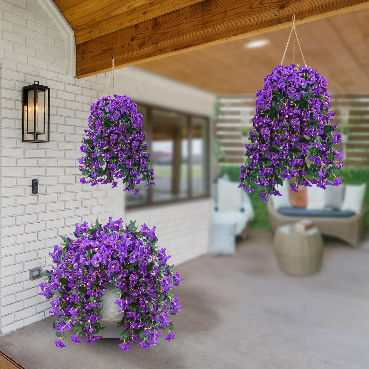 Sggvecsy Artificial Fake Hanging Flowers Plants for Outdoor Outside Spring Summer Decoration 4PCS Faux Silk UV Resistant Realistic Morning Glory Trailing Vines for Home Porch Patio Balcony(Purple)